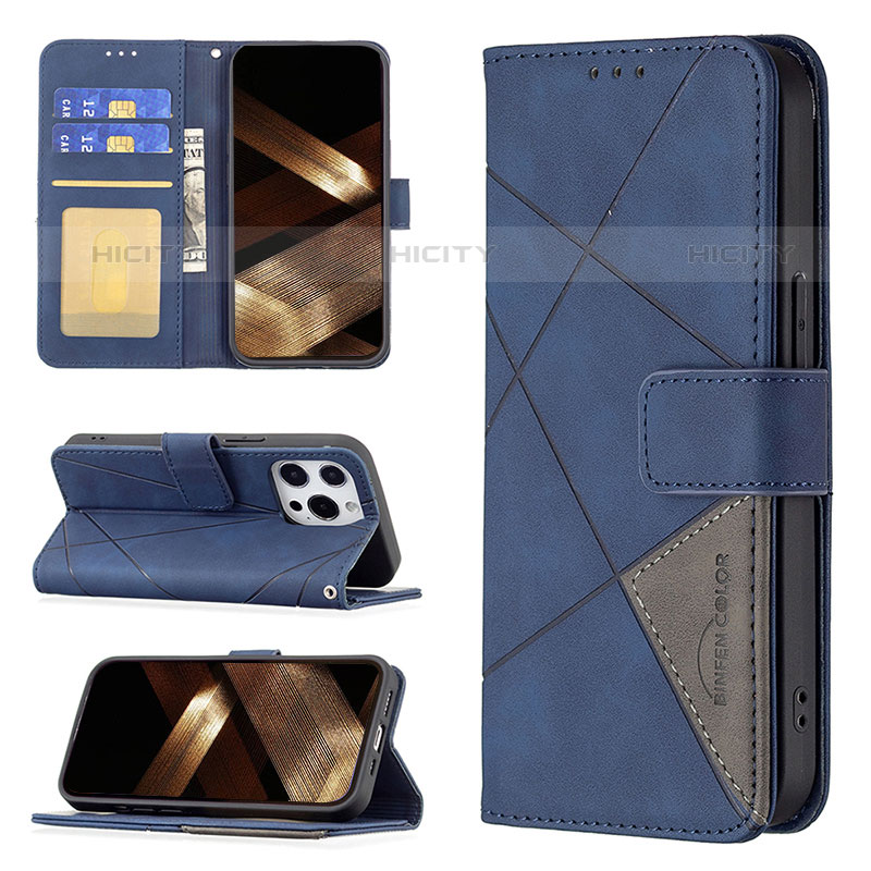 Handytasche Stand Schutzhülle Flip Leder Hülle Modisch Muster L06 für Apple iPhone 15 Pro Blau groß