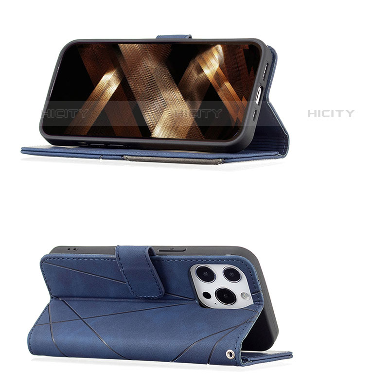 Handytasche Stand Schutzhülle Flip Leder Hülle Modisch Muster L06 für Apple iPhone 15 Pro Blau groß