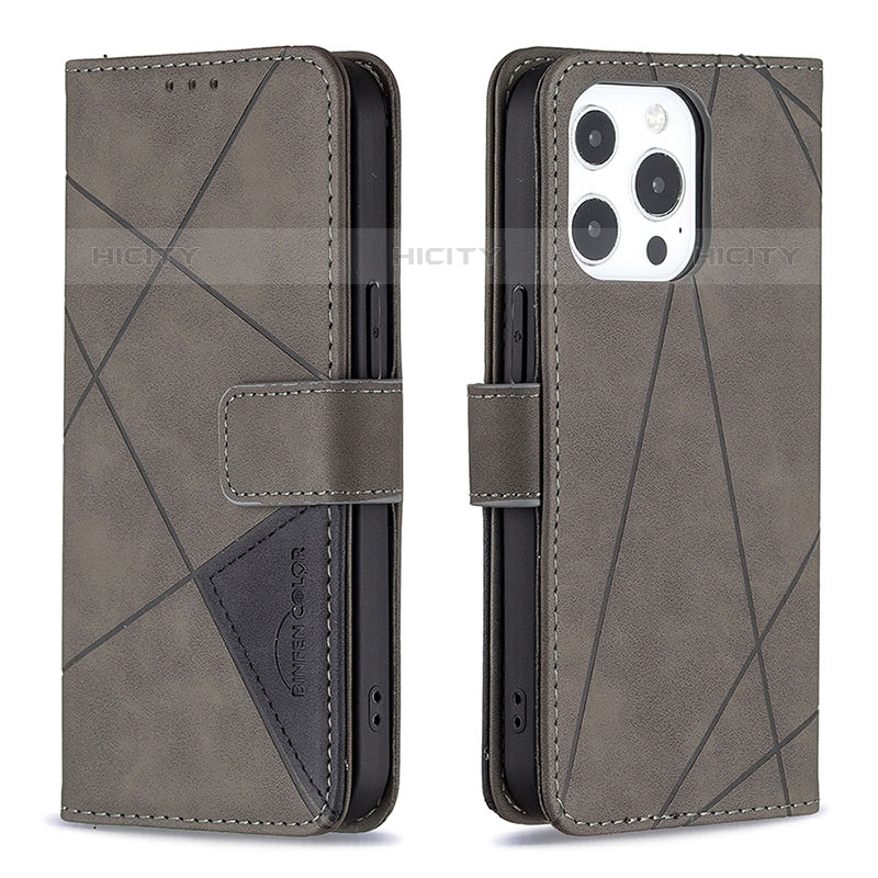 Handytasche Stand Schutzhülle Flip Leder Hülle Modisch Muster L06 für Apple iPhone 15 Pro Grau Plus