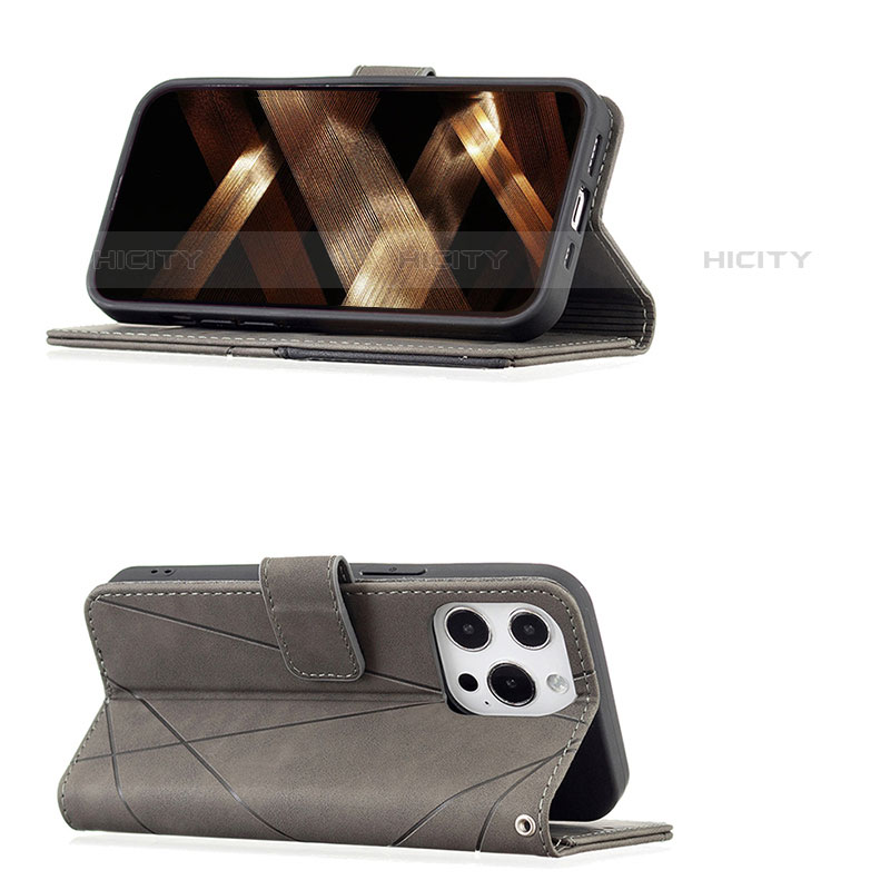 Handytasche Stand Schutzhülle Flip Leder Hülle Modisch Muster L06 für Apple iPhone 15 Pro Grau groß