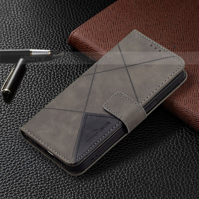 Handytasche Stand Schutzhülle Flip Leder Hülle Modisch Muster L06 für Apple iPhone 15 Pro Grau groß