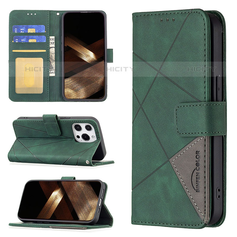 Handytasche Stand Schutzhülle Flip Leder Hülle Modisch Muster L06 für Apple iPhone 15 Pro Grün