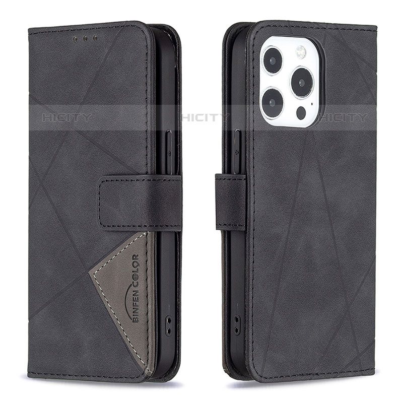 Handytasche Stand Schutzhülle Flip Leder Hülle Modisch Muster L06 für Apple iPhone 15 Pro Schwarz