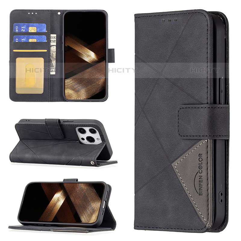 Handytasche Stand Schutzhülle Flip Leder Hülle Modisch Muster L06 für Apple iPhone 15 Pro Schwarz