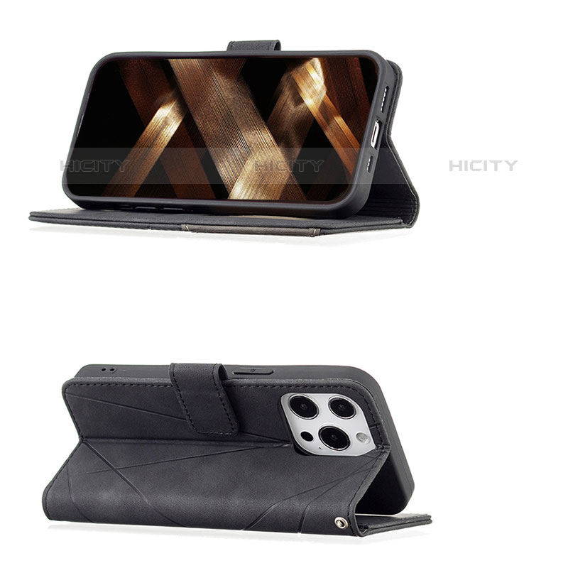 Handytasche Stand Schutzhülle Flip Leder Hülle Modisch Muster L06 für Apple iPhone 15 Pro Schwarz