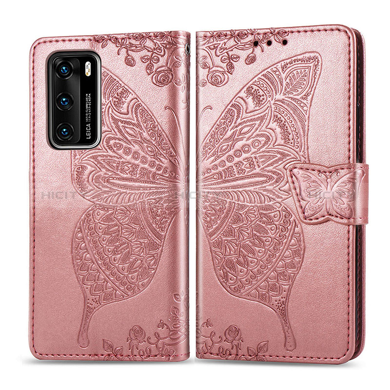 Handytasche Stand Schutzhülle Flip Leder Hülle Schmetterling für Huawei P40 Rosa Plus