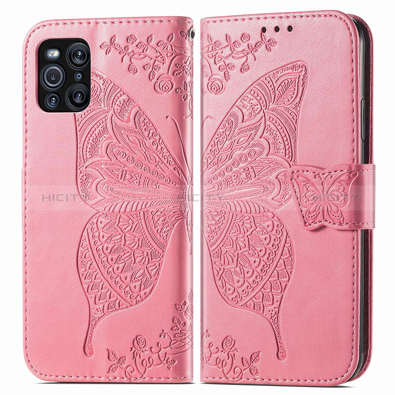 Handytasche Stand Schutzhülle Flip Leder Hülle Schmetterling für Oppo Find X3 5G Pink Plus