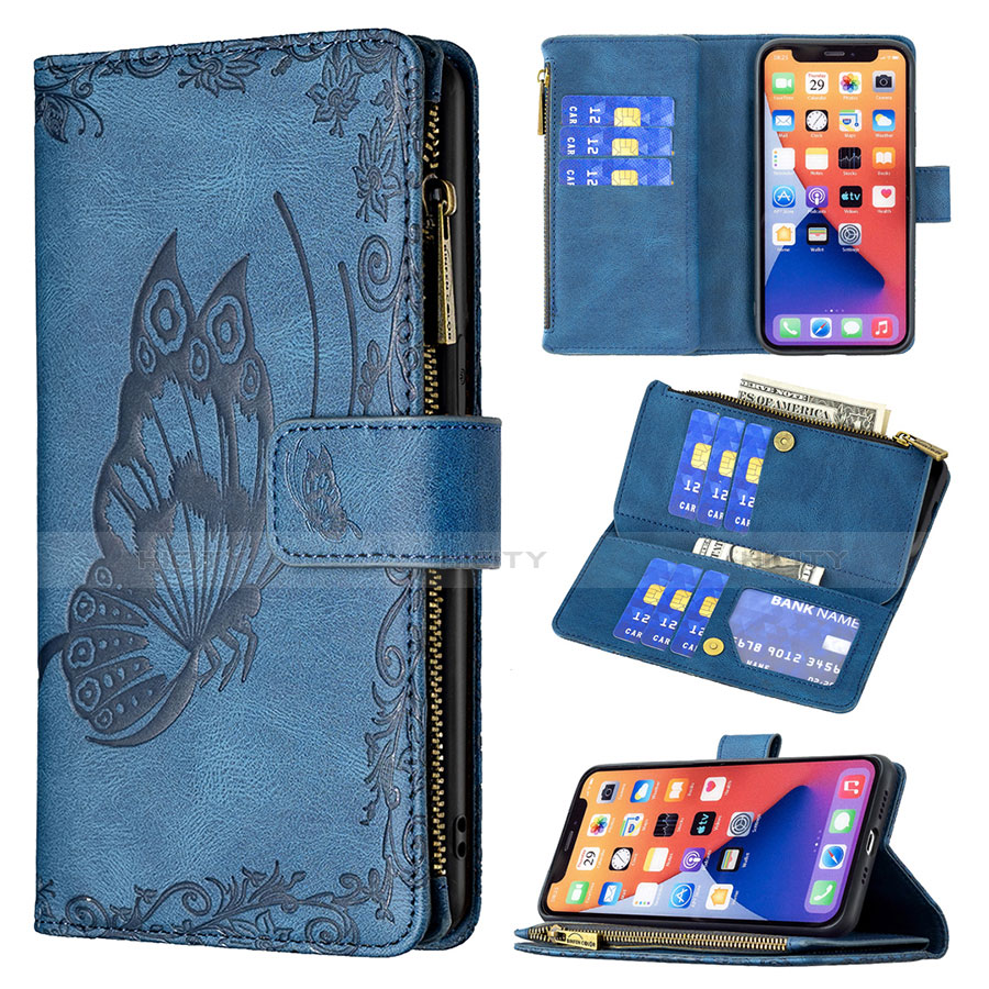 Handytasche Stand Schutzhülle Flip Leder Hülle Schmetterling L08 für Apple iPhone 14 Blau