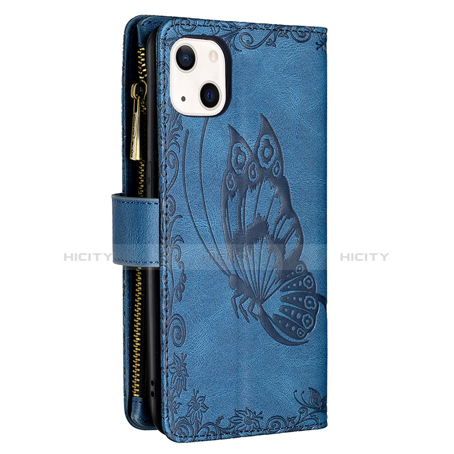 Handytasche Stand Schutzhülle Flip Leder Hülle Schmetterling L08 für Apple iPhone 14 Blau