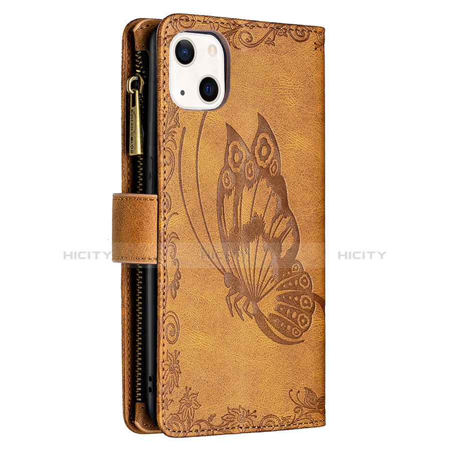 Handytasche Stand Schutzhülle Flip Leder Hülle Schmetterling L08 für Apple iPhone 14 Braun groß
