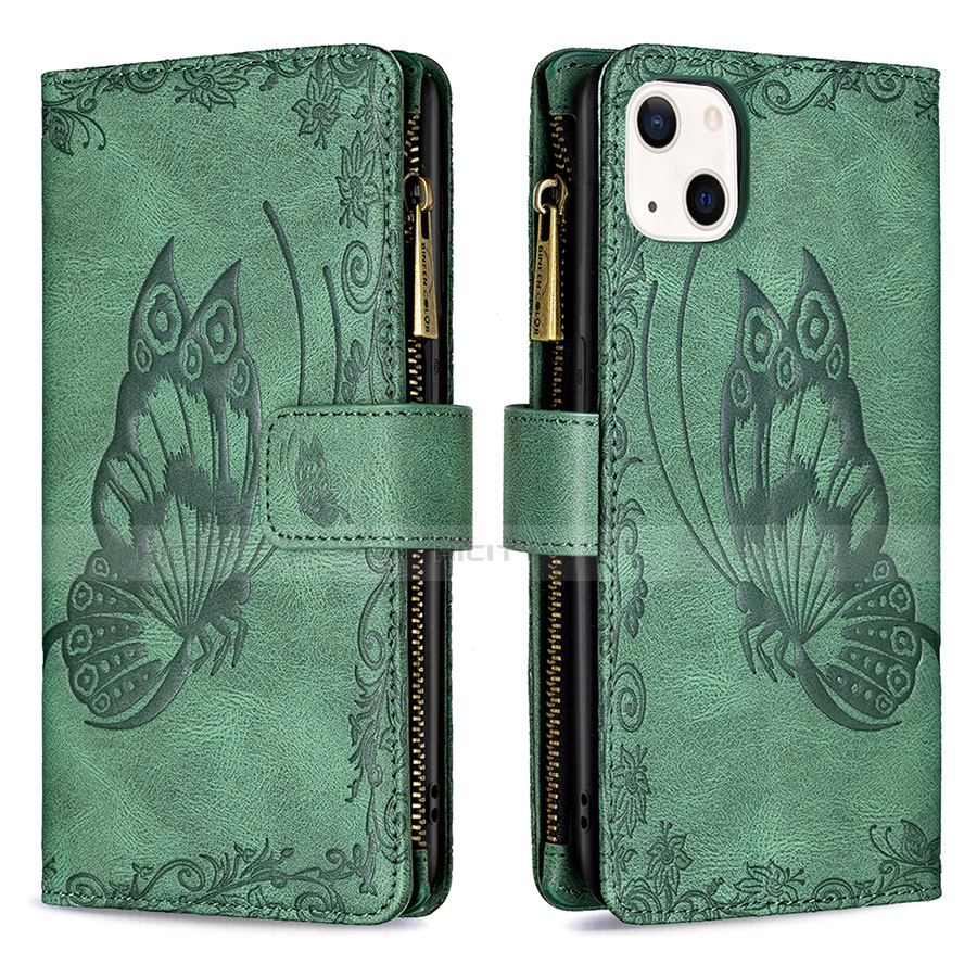 Handytasche Stand Schutzhülle Flip Leder Hülle Schmetterling L08 für Apple iPhone 14 Grün