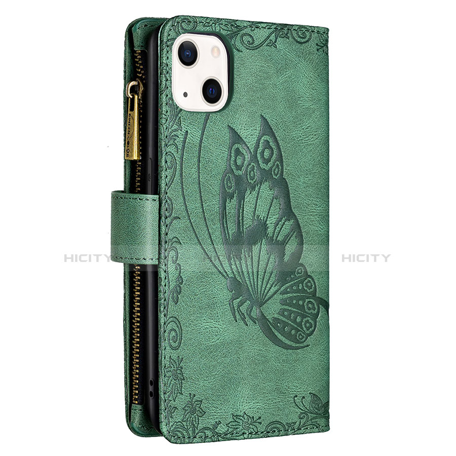 Handytasche Stand Schutzhülle Flip Leder Hülle Schmetterling L08 für Apple iPhone 14 Grün