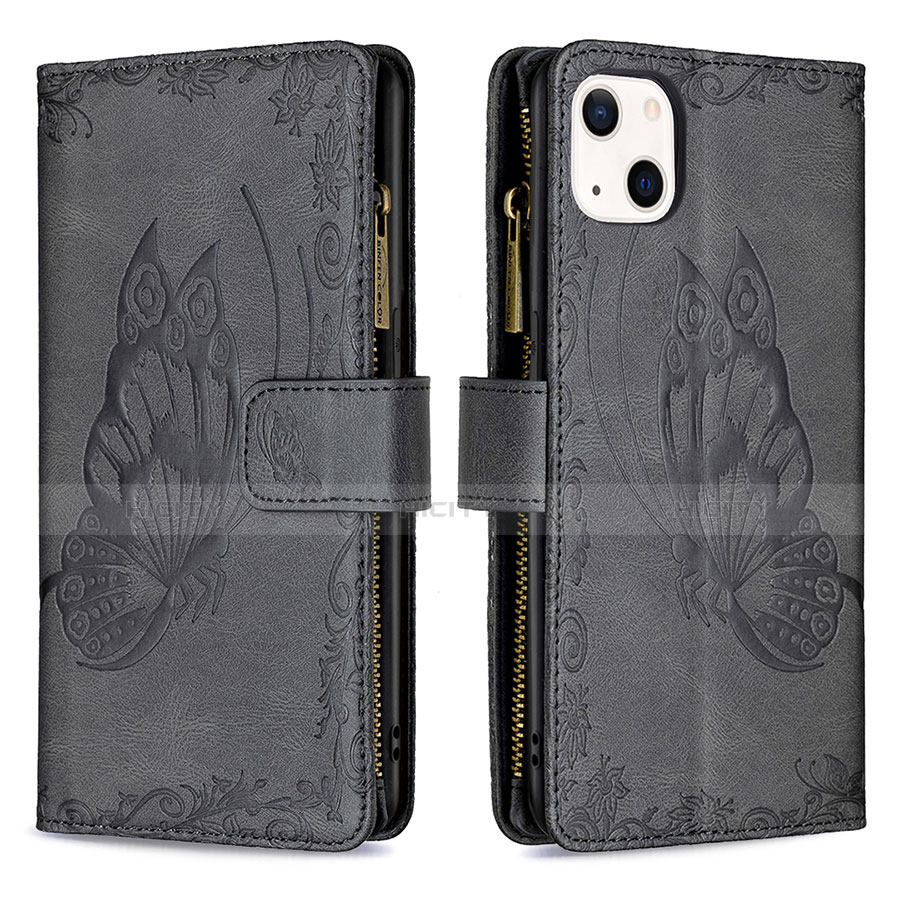 Handytasche Stand Schutzhülle Flip Leder Hülle Schmetterling L08 für Apple iPhone 14 Schwarz Plus