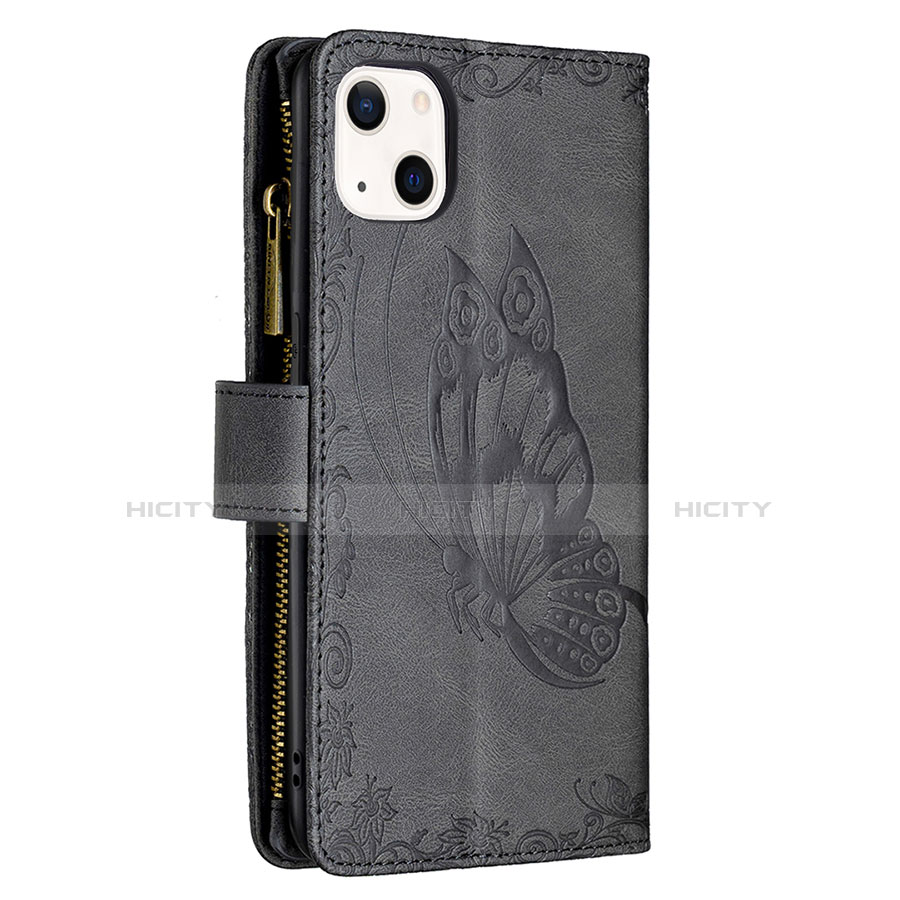 Handytasche Stand Schutzhülle Flip Leder Hülle Schmetterling L08 für Apple iPhone 14 Schwarz groß