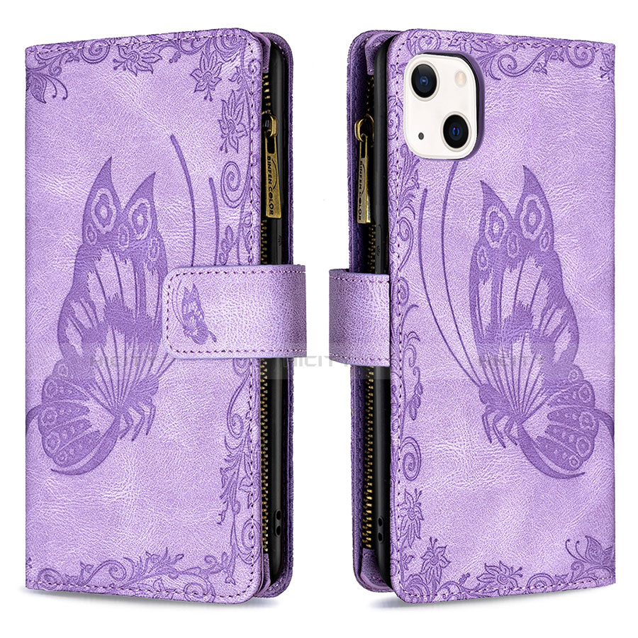 Handytasche Stand Schutzhülle Flip Leder Hülle Schmetterling L08 für Apple iPhone 14 Violett