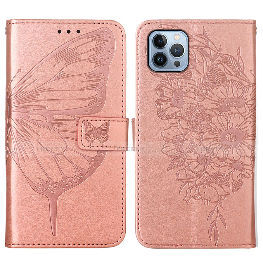 Handytasche Stand Schutzhülle Flip Leder Hülle Schmetterling L10 für Apple iPhone 13 Pro Max Rosegold