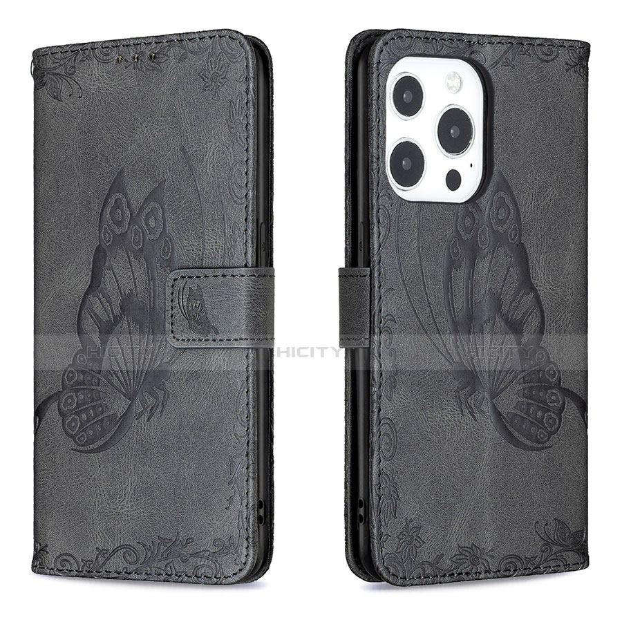 Handytasche Stand Schutzhülle Flip Leder Hülle Schmetterling Z01 für Apple iPhone 15 Pro groß