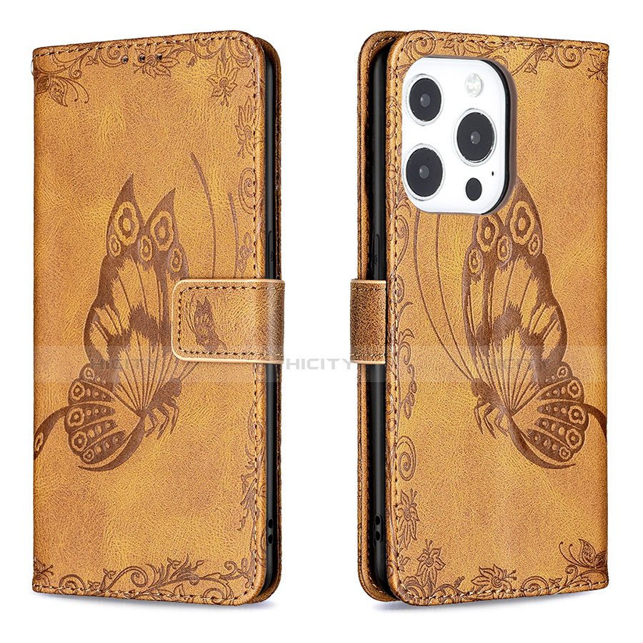 Handytasche Stand Schutzhülle Flip Leder Hülle Schmetterling Z01 für Apple iPhone 15 Pro Braun