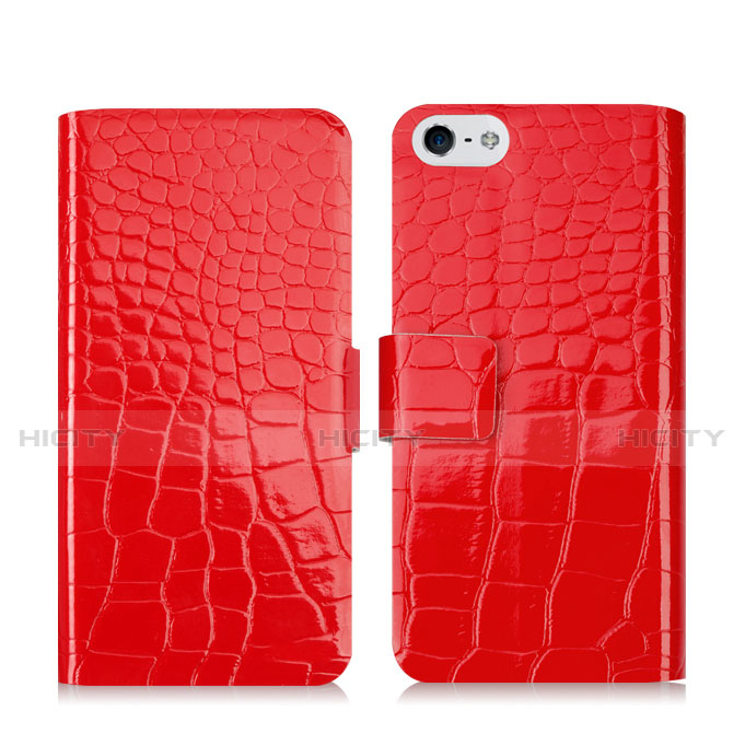 Handytasche Stand Schutzhülle Leder Krokodil für Apple iPhone 5 Rot Plus