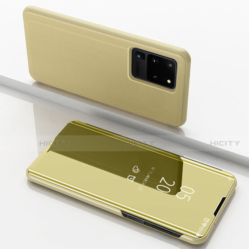 Handytasche Stand Schutzhülle Leder Rahmen Spiegel Tasche für Samsung Galaxy S20 Ultra 5G Gold Plus