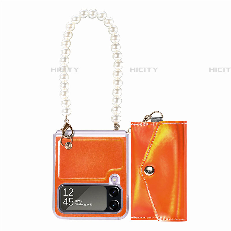 Luxus Leder Hülle Handyhülle und Kunststoff Schutzhülle Hartschalen Tasche B02 für Samsung Galaxy Z Flip4 5G Orange Plus
