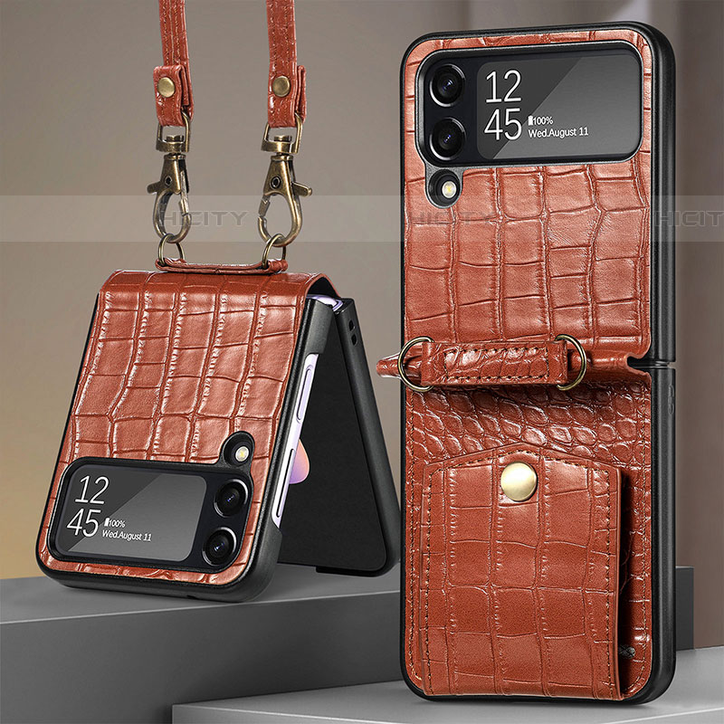 Luxus Leder Hülle Handyhülle und Kunststoff Schutzhülle Hartschalen Tasche H03 für Samsung Galaxy Z Flip4 5G Braun Plus