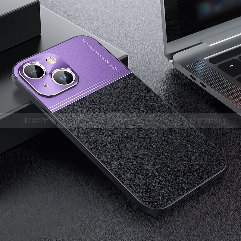 Luxus Leder Hülle Handyhülle und Kunststoff Schutzhülle Hartschalen Tasche QC1 für Apple iPhone 14 Violett