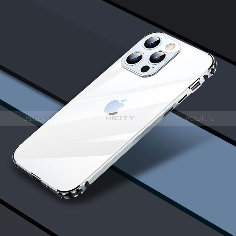 Schutzhülle Luxus Metall Rahmen und Kunststoff Schutzhülle Tasche JL4 für Apple iPhone 13 Pro Silber Plus
