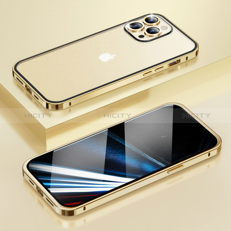 Schutzhülle Luxus Metall Rahmen und Kunststoff Schutzhülle Tasche LF4 für Apple iPhone 13 Pro Gold Plus