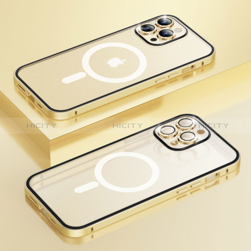 Schutzhülle Luxus Metall Rahmen und Kunststoff Schutzhülle Tasche mit Mag-Safe Magnetic Magnetisch Bling-Bling LF1 für Apple iPhone 13 Pro Gold Plus