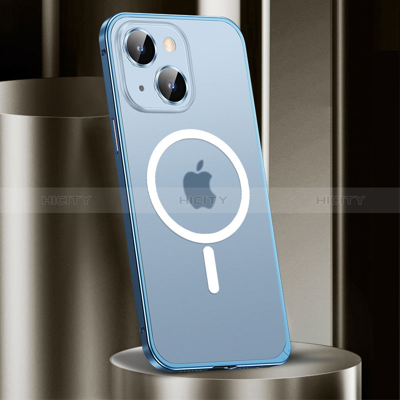 Schutzhülle Luxus Metall Rahmen und Kunststoff Schutzhülle Tasche mit Mag-Safe Magnetic Magnetisch JL2 für Apple iPhone 13 Blau Plus