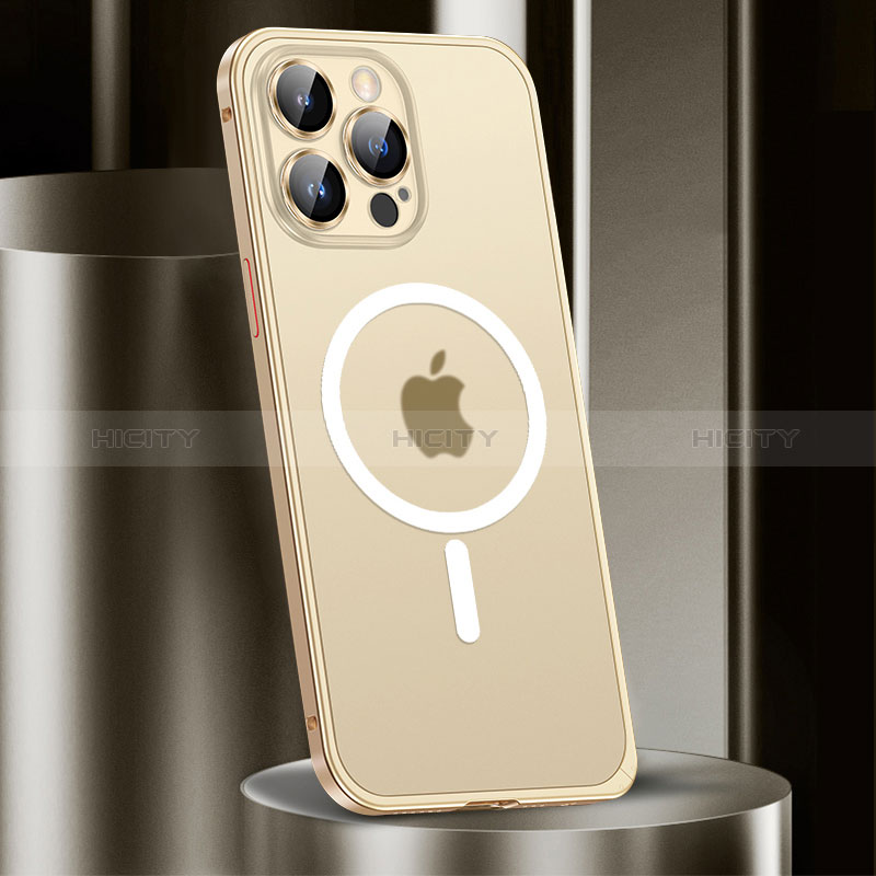 Schutzhülle Luxus Metall Rahmen und Kunststoff Schutzhülle Tasche mit Mag-Safe Magnetic Magnetisch JL2 für Apple iPhone 13 Pro Gold Plus