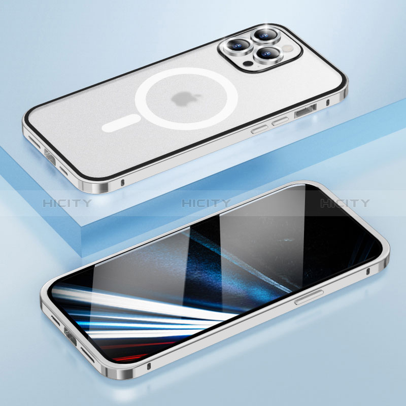 Schutzhülle Luxus Metall Rahmen und Kunststoff Schutzhülle Tasche mit Mag-Safe Magnetic Magnetisch LF1 für Apple iPhone 15 Pro Silber Plus