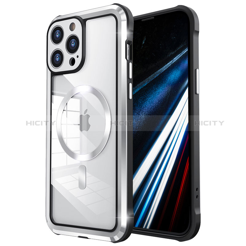 Schutzhülle Luxus Metall Rahmen und Kunststoff Schutzhülle Tasche mit Mag-Safe Magnetic Magnetisch LF2 für Apple iPhone 14 Pro Max Silber Plus