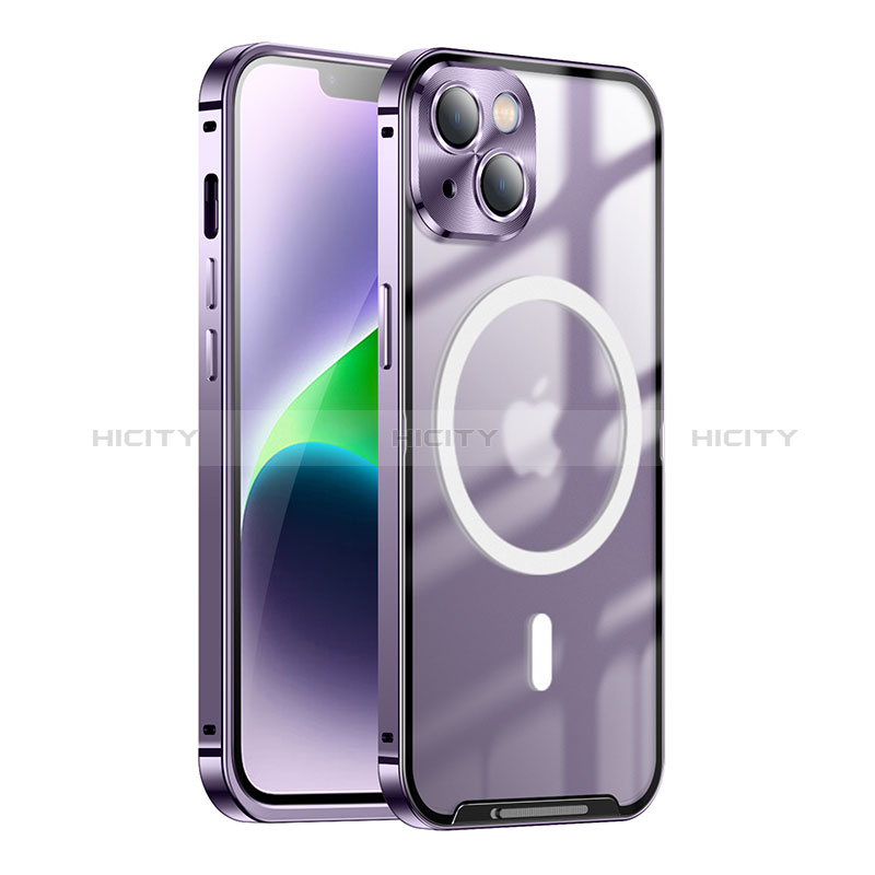 Schutzhülle Luxus Metall Rahmen und Kunststoff Schutzhülle Tasche mit Mag-Safe Magnetic Magnetisch LK1 für Apple iPhone 13 Violett Plus