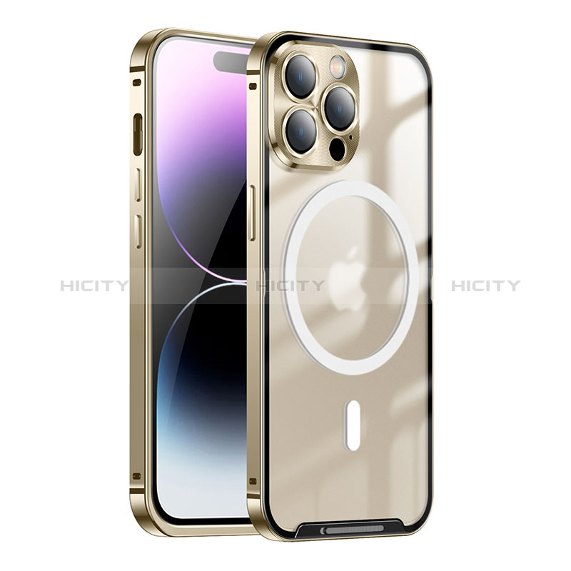 Schutzhülle Luxus Metall Rahmen und Kunststoff Schutzhülle Tasche mit Mag-Safe Magnetic Magnetisch LK1 für Apple iPhone 15 Pro Gold