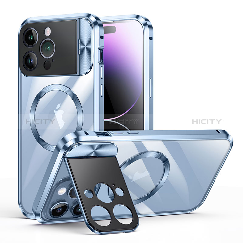 Schutzhülle Luxus Metall Rahmen und Kunststoff Schutzhülle Tasche mit Mag-Safe Magnetic Magnetisch LK4 für Apple iPhone 14 Pro Blau