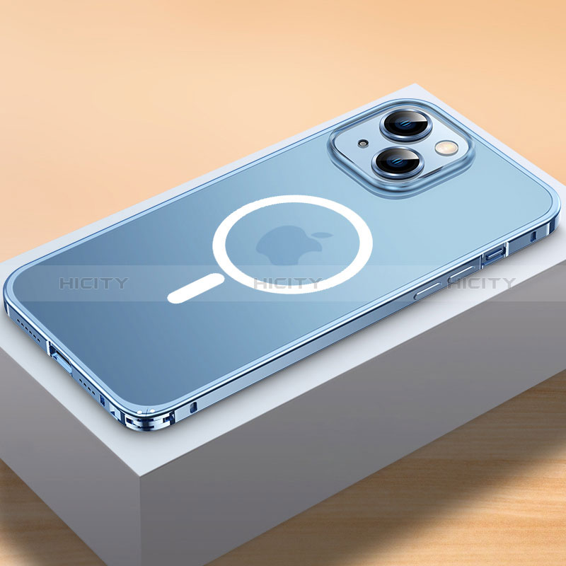 Schutzhülle Luxus Metall Rahmen und Kunststoff Schutzhülle Tasche mit Mag-Safe Magnetic Magnetisch QC2 für Apple iPhone 14 Plus Blau Plus
