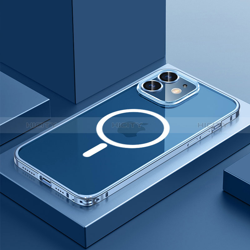 Schutzhülle Luxus Metall Rahmen und Kunststoff Schutzhülle Tasche mit Mag-Safe Magnetic Magnetisch QC3 für Apple iPhone 12 Blau Plus