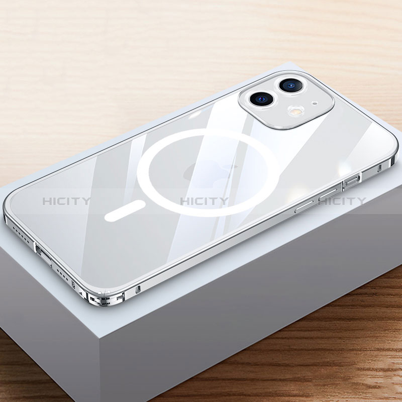Schutzhülle Luxus Metall Rahmen und Kunststoff Schutzhülle Tasche mit Mag-Safe Magnetic Magnetisch QC4 für Apple iPhone 12 Silber