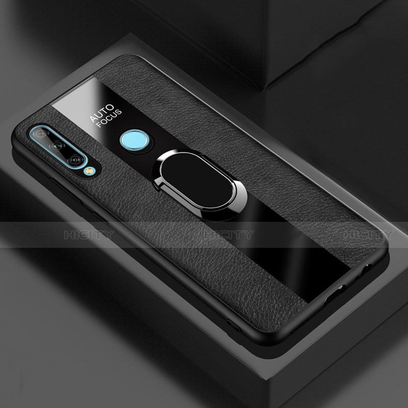 Silikon Hülle Handyhülle Gummi Schutzhülle Flexible Leder Tasche mit Magnetisch Fingerring Ständer für Huawei Enjoy 10 Plus Schwarz