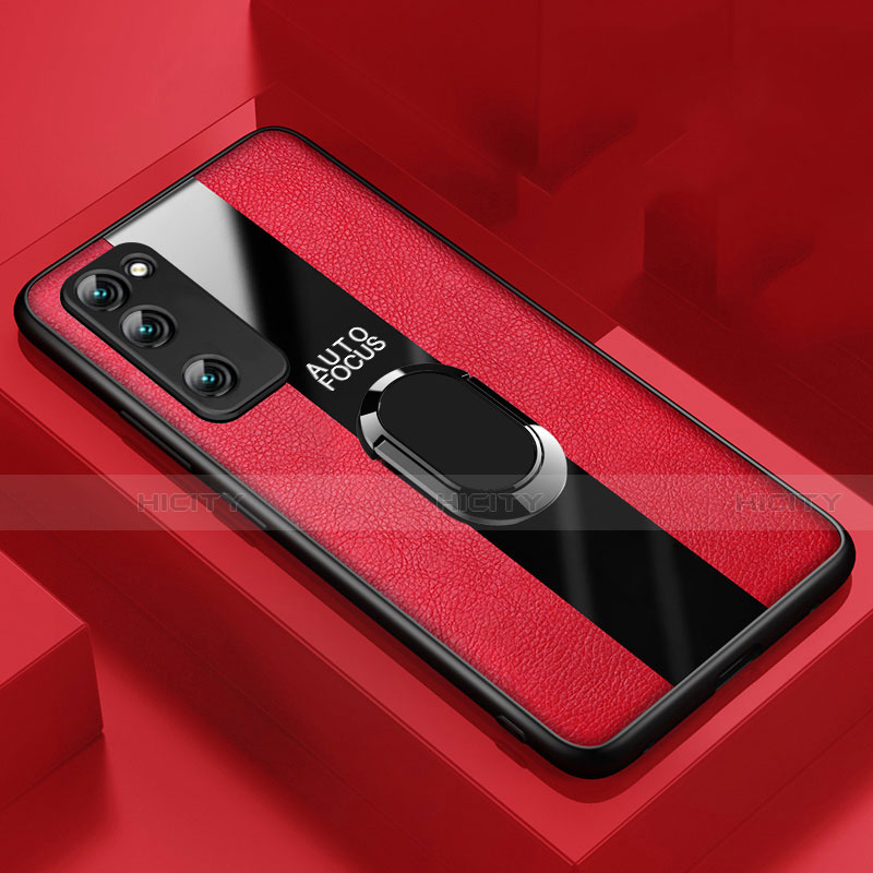 Silikon Hülle Handyhülle Gummi Schutzhülle Flexible Leder Tasche mit Magnetisch Fingerring Ständer für Huawei Honor 30 Lite 5G Rot Plus