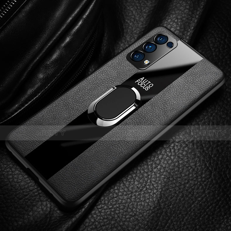 Silikon Hülle Handyhülle Gummi Schutzhülle Flexible Leder Tasche mit Magnetisch Fingerring Ständer für Oppo Reno5 Pro 5G