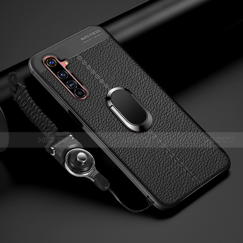 Silikon Hülle Handyhülle Gummi Schutzhülle Flexible Leder Tasche mit Magnetisch Fingerring Ständer für Realme 6 Pro Schwarz Plus