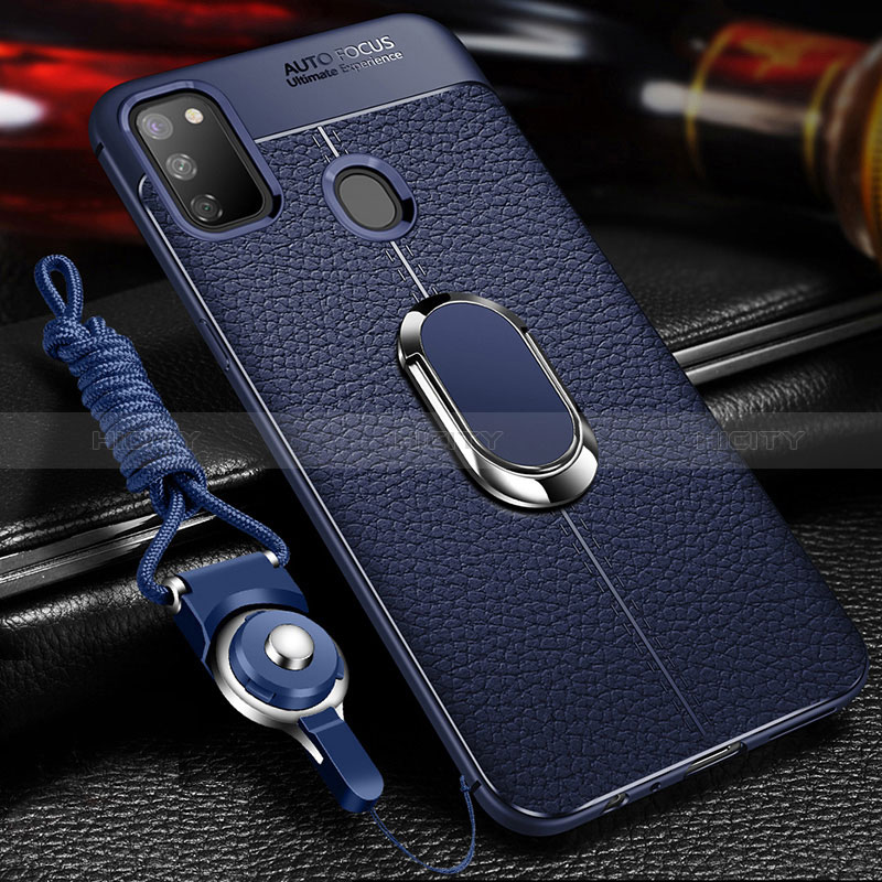 Silikon Hülle Handyhülle Gummi Schutzhülle Flexible Leder Tasche mit Magnetisch Fingerring Ständer für Samsung Galaxy M21 Blau