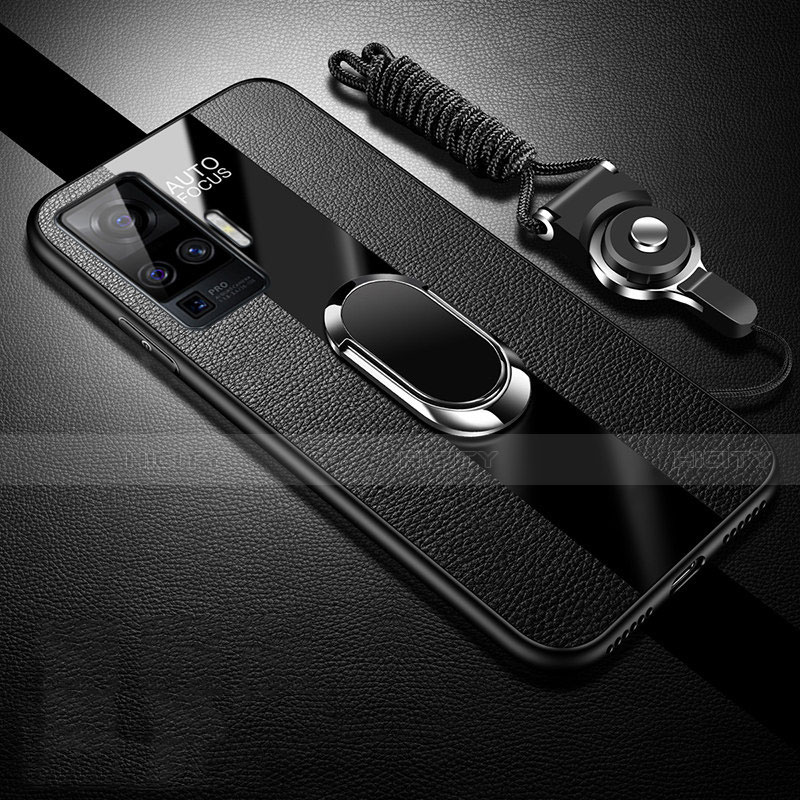 Silikon Hülle Handyhülle Gummi Schutzhülle Flexible Leder Tasche mit Magnetisch Fingerring Ständer für Vivo X51 5G