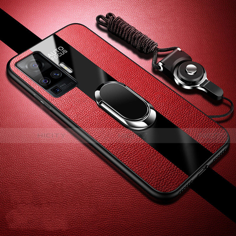Silikon Hülle Handyhülle Gummi Schutzhülle Flexible Leder Tasche mit Magnetisch Fingerring Ständer für Vivo X51 5G Rot