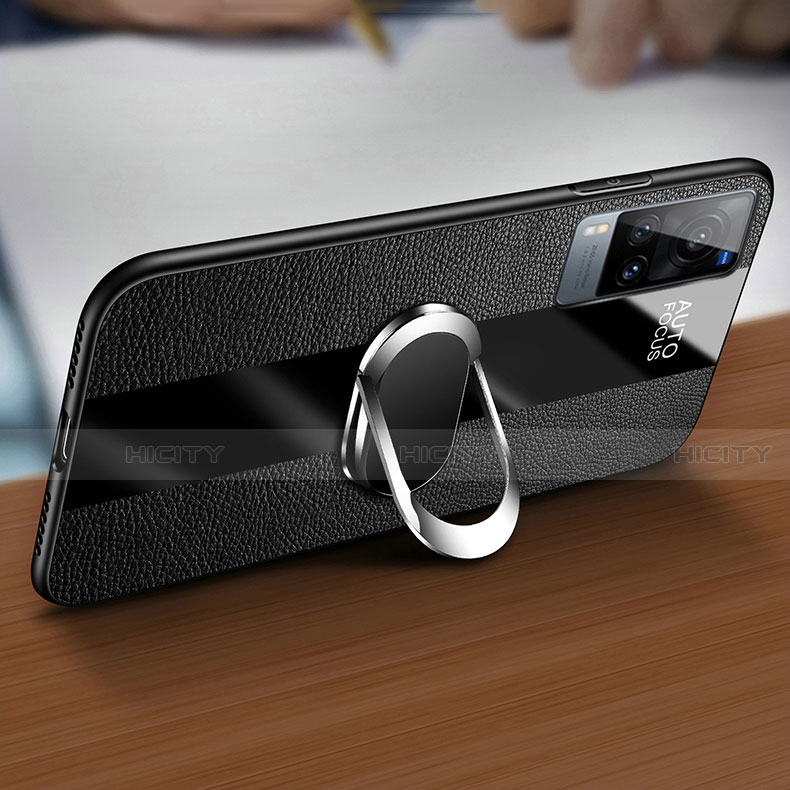 Silikon Hülle Handyhülle Gummi Schutzhülle Flexible Leder Tasche mit Magnetisch Fingerring Ständer für Vivo X60 5G groß