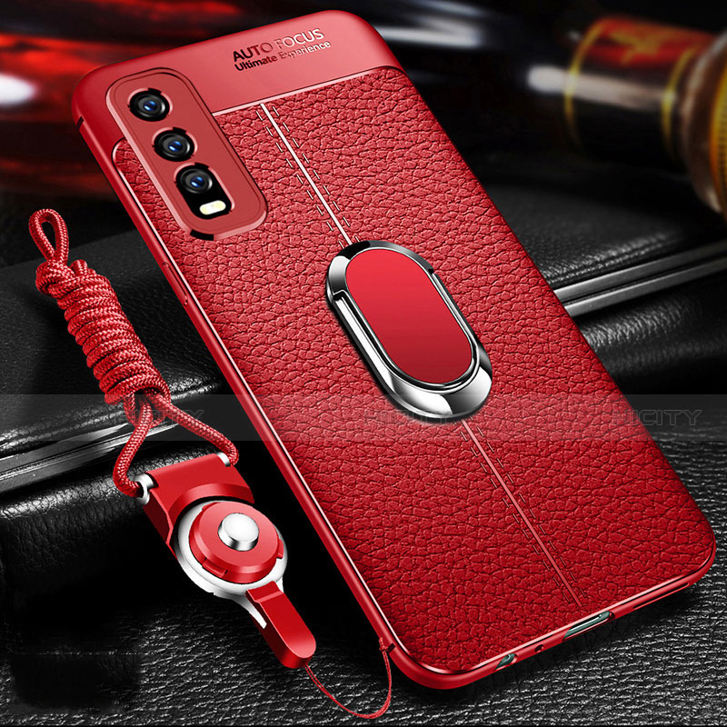 Silikon Hülle Handyhülle Gummi Schutzhülle Flexible Leder Tasche mit Magnetisch Fingerring Ständer für Vivo Y30 Rot