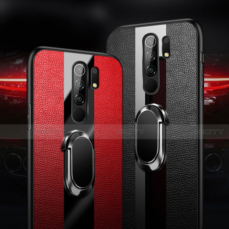 Silikon Hülle Handyhülle Gummi Schutzhülle Flexible Leder Tasche mit Magnetisch Fingerring Ständer für Xiaomi Redmi 9 Prime India